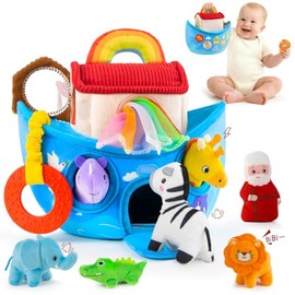 Juguetes para bebés de 6 a 12 meses, juguete del arca de Noé con animales de peluche, regalos de bautismo para niños y niñas, juguetes Montessori para bebés de 6 meses, caja de pañuelos sensoriales de juguete para niños de 1 año