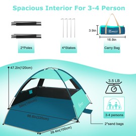 COMMOUDS Beach Tent Sun Shade for 3/4-5/6-7/8-10 Person, UPF 99+ Beach Sun Shelter Canopy Tent, Lightweight, Easy Set Up and Carry