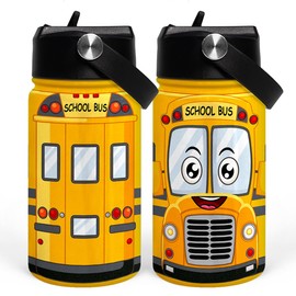 School Bus Water Bottle - Kids Water Bottle with Straw Lid - 12 Oz Insulated Stainless Steel Water Bottles for Toddlers Kid Boys - Travel Cup for School Sports
