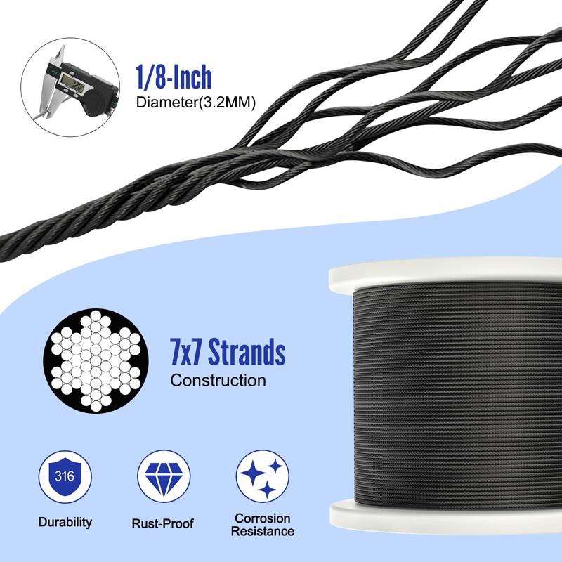 BLIKA 600FT 1/8" Black Stainless Steel Cable, T316 Marine Grade,