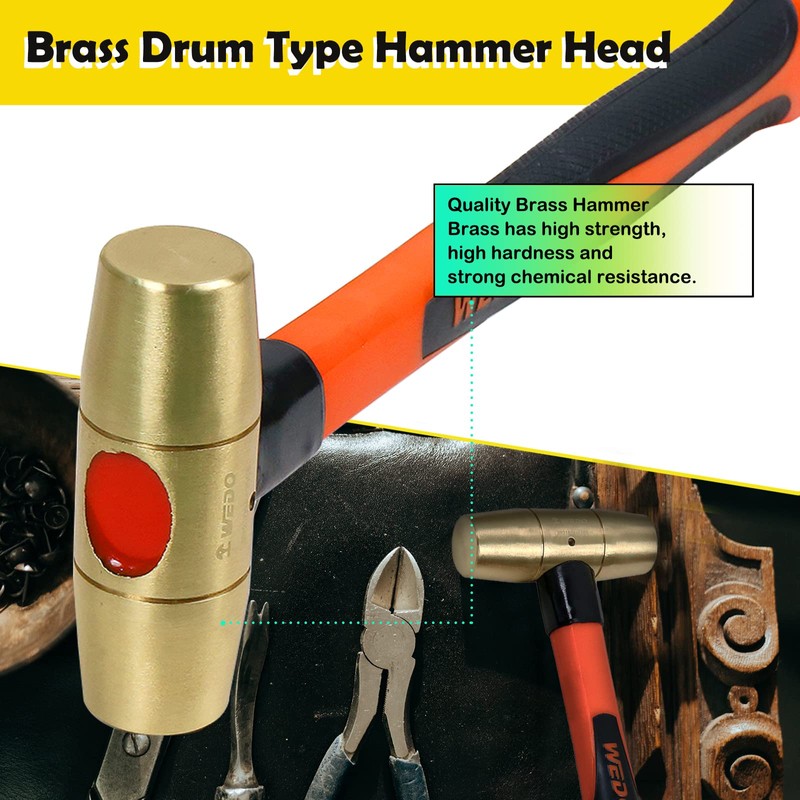 WEDO 96oz Brass Hammer,Solid Brass Mallet Hammer with Fiberglass Handle,Double