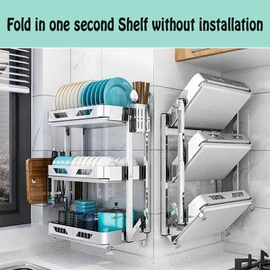 Foldable Dish Rack,Stainless Steel Drain Rack,9.83 * 16.54 * 24IN | 3 Tier Dish Drying Rack,Rustproof Dish Drainer for Kitchen Countertop with Drain Tray,Silver