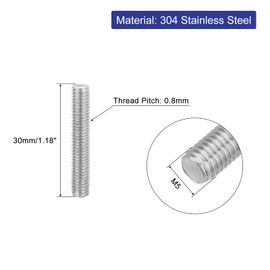 QUARKZMAN Pack of 16 Threaded Rods, M5 x 30 mm, 304 Stainless Steel, Threaded Rod with Metric Full Thread, M5-0.8 Threaded Screw for Furniture and Machine Assembly