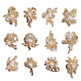 URROMA Vintage Style Alloy Brooch Set, 12 Pcs Gold Pearl Brooch Rhinestone Crystal Flower Shaped Collar Pin for Women Suit Dress Decoration Gift