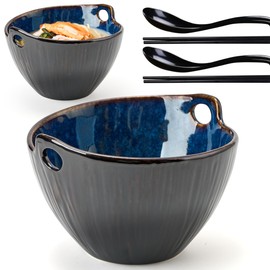JH JIEMEI HOME Ramen Bowl with Chopsticks and Spoons Set, 7 Inch Ceramic Noodle Bowl Set of 2, Dishwasher Safe for Pho Udon Soba Noodle Salad Pasta, Special Reactive Glazed Dark Blue Bowls Set
