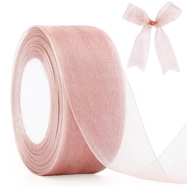 40mm x 50m Bean Pink Organza Chiffon Ribbon,Rose Pink Sheer Ribbon,Chiffon Fabric Ribbons,Shimmer Sheer Organza Ribbon for Gift Wrapping,Christmas Wedding Party Ceremony Decorations and DIY Bows