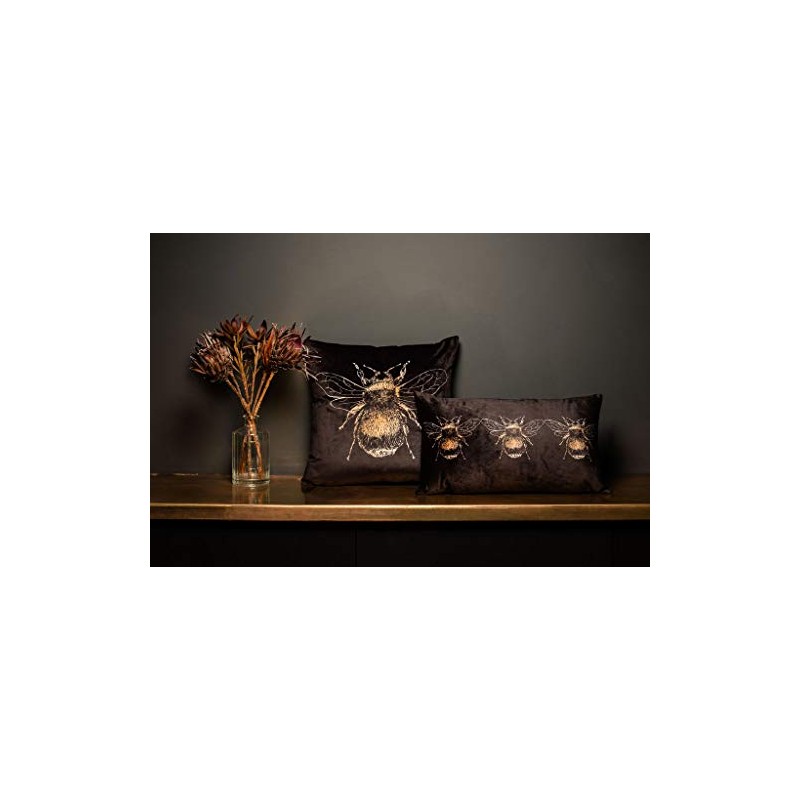 Evans Lichfield Gold Bee Cushion Cover, Velvet, Grey, 30 x