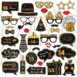 LINGTEER Happy 55th Birthday Party Photo Booth Props, Cheers to 55th Birthday, 36pcs Paper Photo Booth Props, Gold Color, Letter Print Pattern