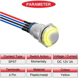 MKBKLLJY 6Pcs 12mm Momentary Yellow LED Push Button Switch Sliver Shell DC 12V 3A 4Pin 1NO SPST IP65 Waterproof Round Metal Switch Stainless Steel Button with Pre-Wiring for Car Marine Boat