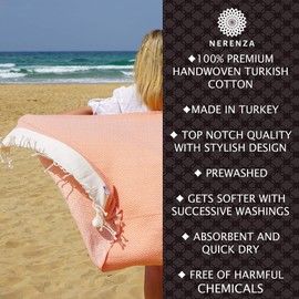 NERENZA Premium Turkish Beach Towel Cotton Peshtemal - Stylish Turkish Bath Towels Extra Large Blanket for Beach and Bathroom - Prewashed - 35 x 70 Inch XL - Big Diamond Orange Beige (1 Unit)