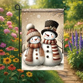 Saoplasa snowman couple garden flag 12x18 inch double sided polyester outdoor winter yard decor with top hat scarf and snowy scene