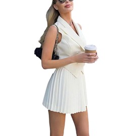 THLAI Women Two Piece Outfits Suits 2024 Summer Sleeveless Blazer Vest and Pleated Mini Skirts Set Business Matching Suits