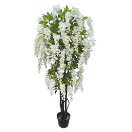 AMERIQUE AMERIQUE 6 Feet Gorgeous and Dense Blooming Wisteria Artificial Tree, Cream White, Pre-Potted with Nursery Pot, Real Touch Tech., Green and White