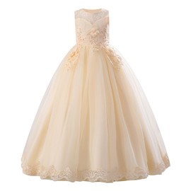 IDOPIP Flower Girl Lace Dress for Kids Wedding Bridesmaid Pageant Party Formal Long Maxi Gown Big Little Princess First Communion Birthday Prom Sleeveless Bow Puffy Tulle Dresses Champagne 13-14 Years