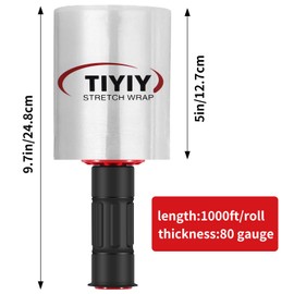 TIYIY Stretch Wrap, 4 Pack 5 Inch x 1000 Feet Shrink Wrap Roll with Plastic Handle, Industrial Strength Clear Heavy Duty Film, Durable Self Adhering Packing Supplies for Moving, Packing