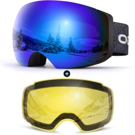 Odoland Unisex Ski Goggles for Women, Men, Teenagers, Frameless Snowboard Goggles with Magnetic Interchangeable Lens, UV Protection, Anti-Fog, Snow Goggles, Helmet-Compatible, Black/Blue