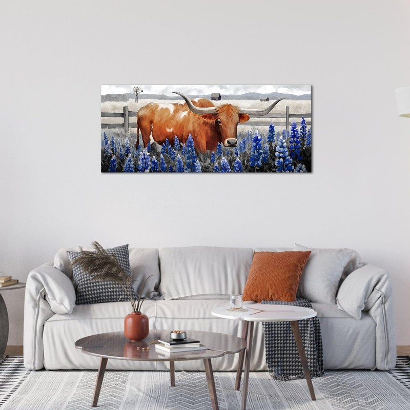 Conipit Longhorn Cattle Wall Art Bluebonnet Pictures Western Canvas Art,