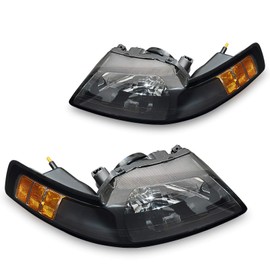 DWVO LED DRL Headlights Assembly Compatible with 1999 2000 2001 2002 2003 2004 Ford Mustang Headlamp Replacement Pair with Daytime Running Light Black Housing Clear Reflector