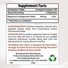 Best Naturals Magnesium oxide 500 mg 180 tablets