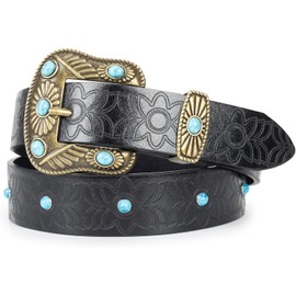 HilyBony Western Cowboy Belt for Women and Girls, Country Belt, Vintage Floral Pattern, PU Leather Belt with Turquoise Buckle (for Waist 28-38 inch), Black with Buckle, for 28-38 inch waist, Black