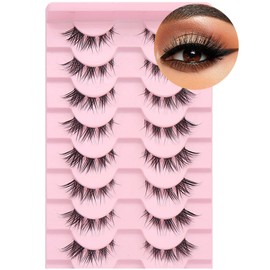 False Eyelashes Cluster Lashes Natural Look, Wispy Manga Eyelash Extensions Strip Cat Eye Lashes Pack with Clear Band Short Anime Korean Fake Eyelash 8 Pairs