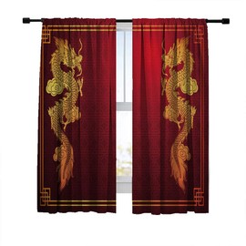 Miblor Blackout Curtains for Bedroom Living Room, Chinese Traditional Image with Chinese Dragon on Red Background, Room Darkening Window Curtains Print Window Drapes 42W x 63L Inches, 2 Panels