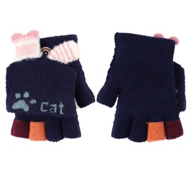 AfinderDE Children's Mittens Girls Boys Removable Flap Knitted Gloves Mittens Gloves Fingerless Half Knitted Winter Gloves (Dark Blue 3), L, Dark Blue 3