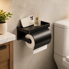 Toilet Paper Holder for Bathroom - Self-Adhesive Ventilated Wall Mount with Splash Baffle, Rust-Resistant Design in Black