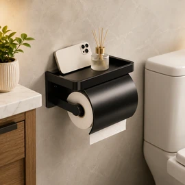 Toilet Paper Holder for Bathroom - Self-Adhesive Ventilated Wall Mount with Splash Baffle, Rust-Resistant Design in Black