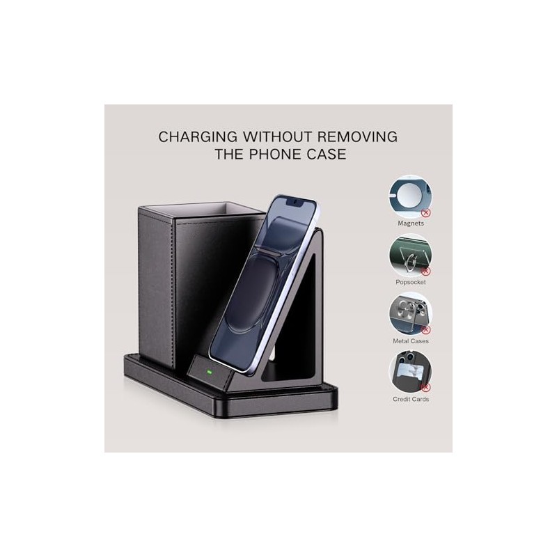 Multi-Functional Vegan Leather Desk Organizer with Wireless Charger