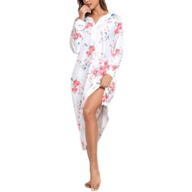 Vlazom Women's Long Nightgown Soft Baggy Nightdress Plus Size Nightshirt V Neck Sleep Dress Sleepwear Loungewear with Pockets, B-Floral White, XXL