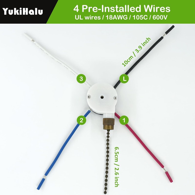 YukiHalu Ceiling Fan Pull Chain Switch 3 Speed 4 Pre-Installed