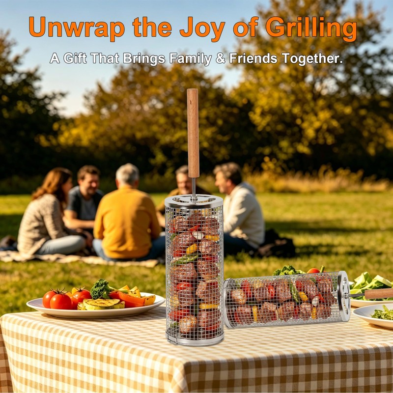 Rolling Grill Basket 2 Pack, 304 Stainless Steel BBQ Grilling