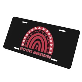HIV AIDS Awareness Red Rainbow Hearts License Plate Car Front Frame Metal Cover Aluminum Vanity Tag 6 x 12 inches for Women Men Gift Truck Garage Decoration Accessory