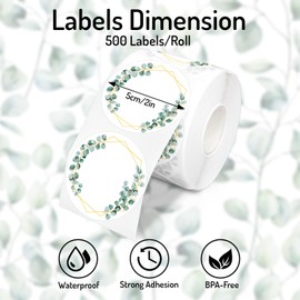 FYSUIMU Valentine's Day Greenery Direct Thermal Labels Watercolor Eucalyptus Leaves Label Stickers Round Self-Adhesive Printer Decals for DIY Name Tag Logo Design, 500 Pcs