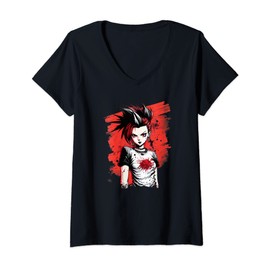 Womens Vintage 80s Punk Rock Chick Pop Star Aesthetic Anime Girl V-Neck T-Shirt