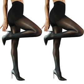 CHARFOX High Waist Sheer Tights Nylons,Women's Control Top Reinforced Toe Silk Reflections Opaque Tights,10 Denier Compression Pantyhose for Valentine's Day (Black 2 pair)