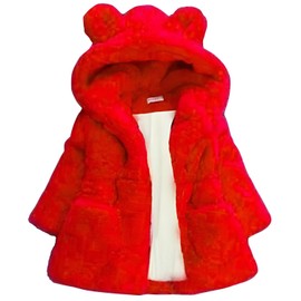 Arssm Girls Winter Warm Coats Kids Fleece Jacket Clothes Ear Hooded Faux Fur Thicken Outerwear(Red-4Y)