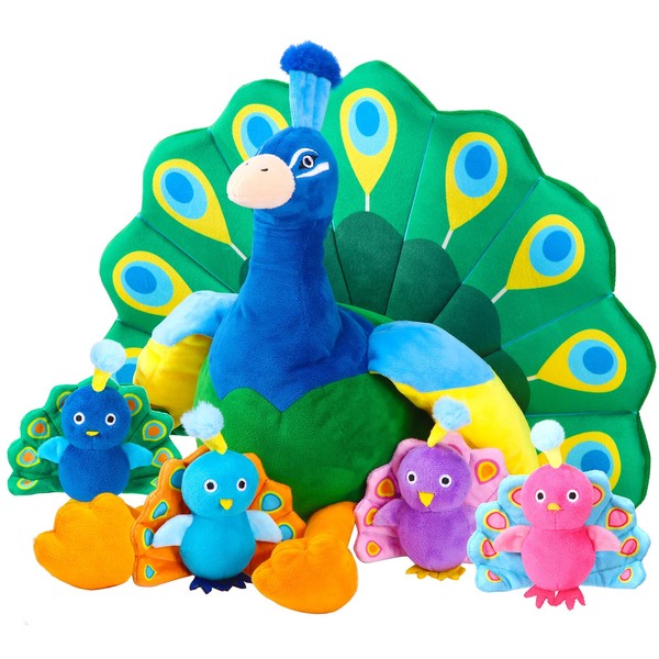 18 Inches Plush Peacock Stuffed Animal Tummy Carrier with 4 Little Plush Peacock Inside Its Zippered Tummy Peacock Cuddly Toy Soft Toy Animals for Birthday Gifts Zoo Party Decor