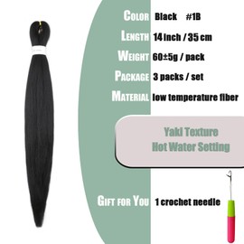 XGY Hair 3 packs #1B Braiding Hair Pre Stretched 14 inch Prestretched Knotless Hair Long Straight Synthetic Box Braids Yaki Texture Hot Water Setting Hair Extensions