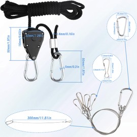 Pack of 4 Rope Ratchet with Hooks and 4 Rope Tensioners, 1/8 Inch Cable Pulley, Guy Ropes with Rope Tensioner for Grow Light Fittings, Plant Lamp, Gardening, Camping Rope
