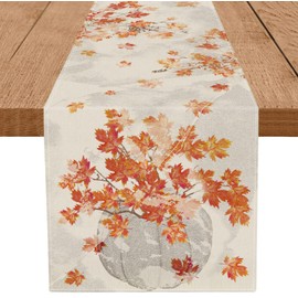 Fall Table Runner Maple Leaves Pumpkin Rubbing 13x90 Inch Seasonal Autumn Table Decorations for Home Kitchen Dining Party Decor
