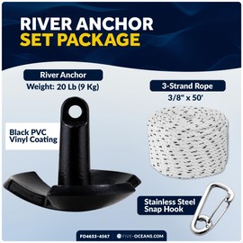 Five Oceans 20 Lb River Boat Anchor Kit, Black PVC Vinyl Coating, 3-Strand Rope 3/8" x50', Marine Snap Hook, for Paddle Board, Small Boat, Kayak, Jet Ski, Canoe Anchor - FO4633-4567