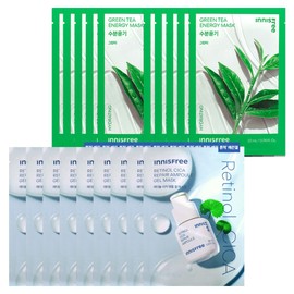 Innisfree Retinol Cica Trace Ampoule Gel Mask 10 sheets + Green Tea Mask 10 sheets / 이니스프리 레티놀 시카 흔적 앰플 겔 마스크 10매+그린티 마스크10매