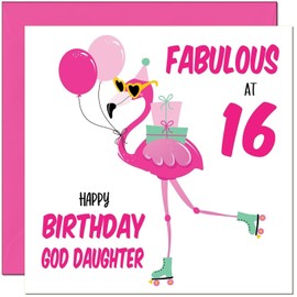 16th God Daughter Birthday Card - Fabulous Flamingo - Pink Cute God-Daughters Birthday Card for 16 Year old teenage Kids sixteen sixteenth