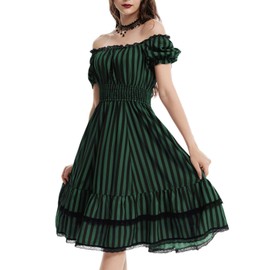 Scarlet Darkness Women's Gothic Witchy Dress Square Neck Short Sleeve Milkmaid Dresses Green Black Stripe M