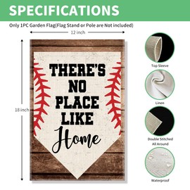 Perfectinsoy There's No Place Like Home Baseball Garden Flag, Sports Bat Ball Yard Flag, Welcome Yard Holiday Party Farmhouse Porch Lawn Outside Decor, Decor Gifts for Baseball Lover Fan Player Coach