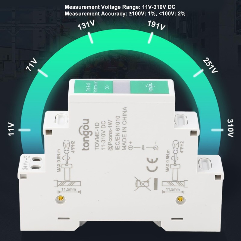 DIN Rail Voltmeter, DC 11V-310V DC Voltage Meter, Digital Display,