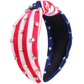 4 th of July Headbands for Women Girls American Flag Wide Knottted Headband USA Red White and Blue Rhinestone Patriotic Headbands Crystal Jeweled Hairband Independence Day Hair Accessories Gifts