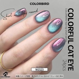 COLORBIRD Nail Tips, Short, 24 Pieces, Aurora Magnetic Nails, Nail Tips, Short, Cute, Round (W1523)